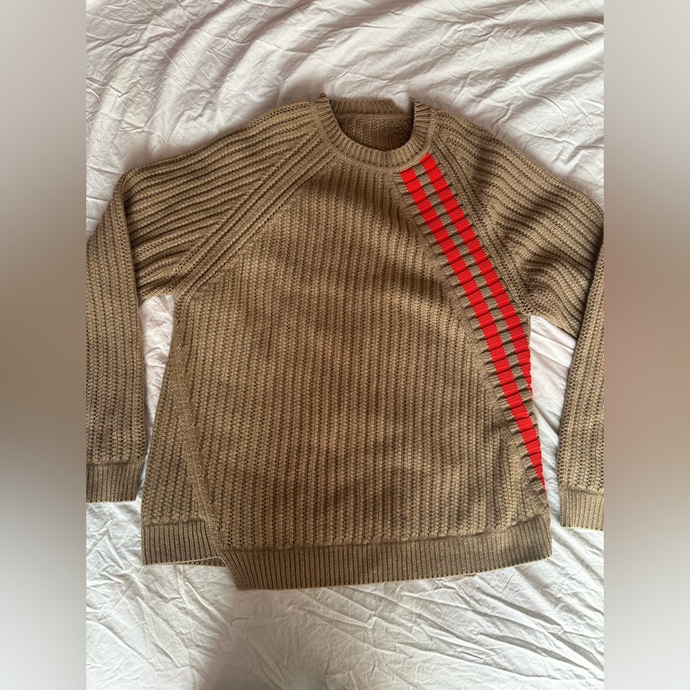 Jil Sander Oversized Ribbed Knit Crewneck Sweater Camel w Red Side Stripe – XXL
